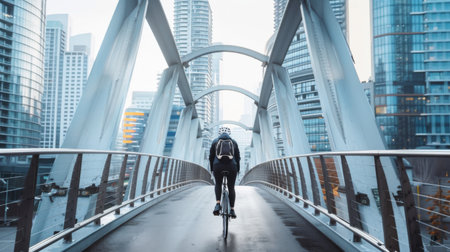 A cyclist crossing a modern pedestrian bridge, with skyscrapers towering in the backgroundの素材