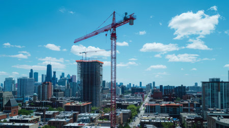 A construction crane towering over a city skyline, symbolizing ongoing development and the constant evolution of urban landscapes.の素材
