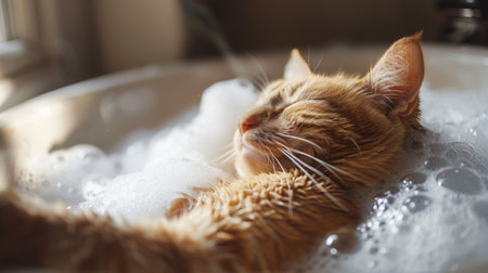 A contented cat enjoying a warm bubble bath, its eyes closed in relaxation as it indulges in a pampering spa-like experience.の素材