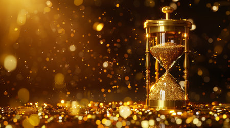 A golden hourglass with sand trickling down, symbolizing the preciousness of time and value of goldの素材