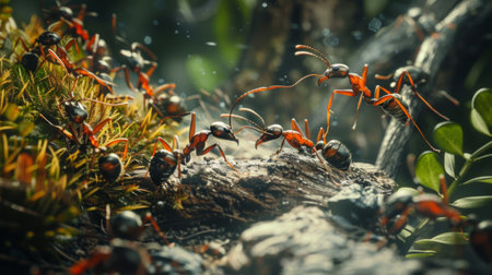 A macro shot of industrious ants working together to transport food across a forest floor, showcasing teamwork and efficiency in nature.の素材