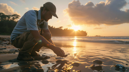 A marine biologist conducting research on a remote beach, studying the nesting habits and behavior of endangered sea turtle populations.の素材