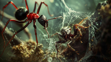 An ant trapped in a spider's web, struggling to escape while the predatory arachnid lurks nearby, illustrating the harsh realities of nature.の素材