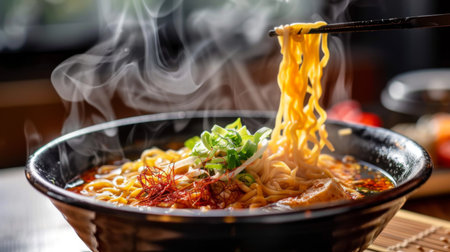 A steaming bowl of spicy ramen noodles, with wisps of steam rising enticingly into the airの素材