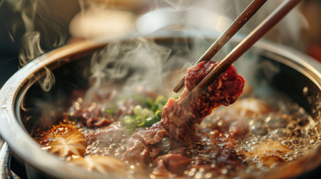 A pair of chopsticks lifting a tender piece of wagyu beef from a flavorful shabu-shabu brothの素材