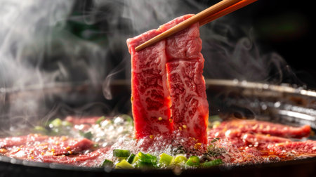 A pair of chopsticks lifting a tender piece of wagyu beef from a flavorful shabu-shabu brothの素材