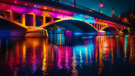 An illuminated bridge at night, with colorful lights reflected in the shimmering water belowの素材