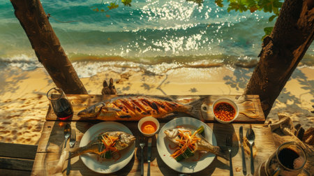 A serene Thai beach scene with a table set for a seafood feast, featuring grilled fish and spicy dipping saucesの素材