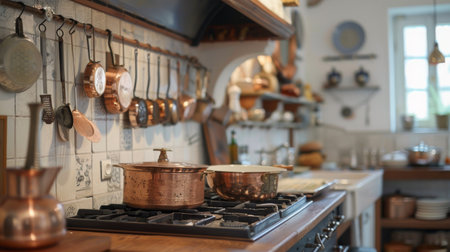 A rustic farmhouse kitchen adorned with copper pots and pans, showcasing the charm of traditional cooking methods.の素材