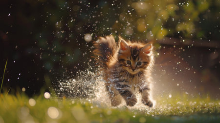 A playful kitten chasing after water sprayed from a garden hose, its fluffy coat glistening with droplets of liquid joy.の素材