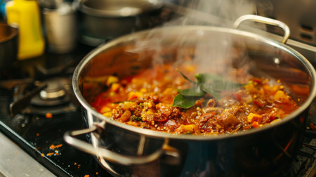 A spicy curry simmering in a pot, with fragrant spices wafting through the kitchenの素材