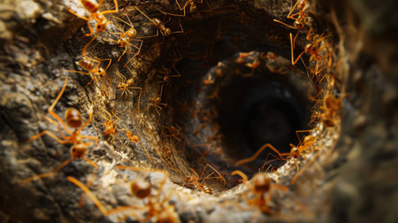An ant colony emerging from a network of intricate tunnels in the soil, illustrating the hidden world beneath our feet.の素材