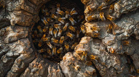 An aerial view of a sprawling bee colony nestled within a hollow tree trunk, illustrating nature's architectural marvels.の素材