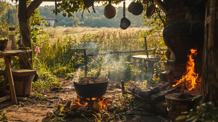 A tranquil countryside scene with a cast iron cauldron bubbling over an open fire, evoking a sense of timeless cooking traditions.の素材