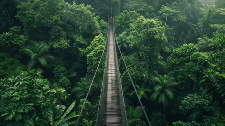 Aerial view of a suspension bridge surrounded by lush greenery, blending harmoniously with the natural landscapeの素材