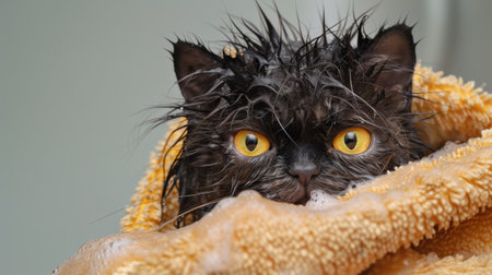 A wet cat wrapped in a fluffy towel after a bath, its expression a mix of annoyance and relief as it dries off from the water ordeal.の素材