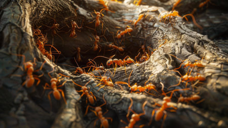 An ant colony emerging from a network of intricate tunnels in the soil, illustrating the hidden world beneath our feet.の素材