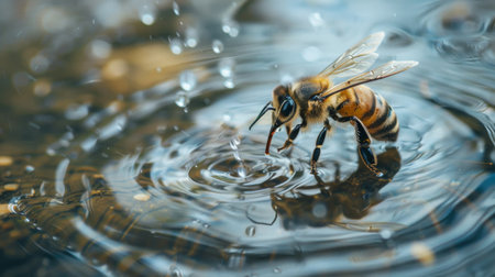 A bee gathering water droplets from a shallow puddle, illustrating the diverse behaviors of these industrious insects.の素材