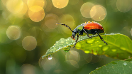 A beetle perched on a rain-kissed leaf, glistening in the sunlight after a refreshing shower.の素材