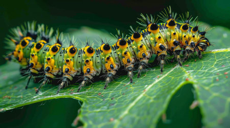 A caterpillar munching on a leaf, showcasing the role of insects in the natural cycle of consumption and decay.の素材