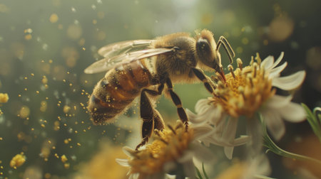 A bee landing on a wildflower, its fuzzy body coated in golden pollen, illustrating nature's intricate interconnections.の素材