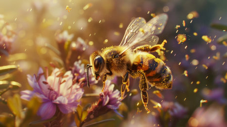 A bee landing on a wildflower, its fuzzy body coated in golden pollen, illustrating nature's intricate interconnections.の素材