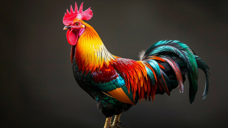 A colorful rooster adorned with decorative plumage, symbolizing beauty and strength in Thai cockfighting culture.の素材