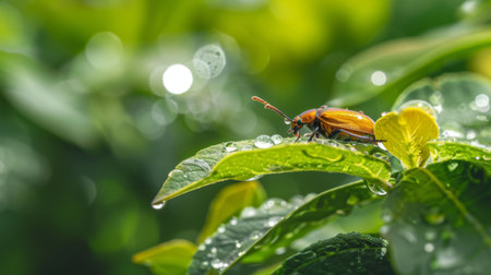 A beetle perched on a rain-kissed leaf, glistening in the sunlight after a refreshing shower.の素材