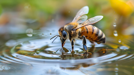 A bee gathering water droplets from a shallow puddle, illustrating the diverse behaviors of these industrious insects.の素材