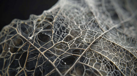 A close-up of a leaf covered in intricate spider webs, highlighting the intricate architecture of arachnid craftsmanship.の素材