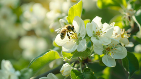 A bee pollinating a cluster of apple blossoms, contributing to the cycle of fruit production.の素材