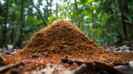 A colony of fire ants constructing a towering mound of soil in a forest clearingの素材