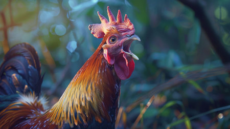 A close-up of a fierce rooster crowing confidently, displaying the pride and strength of a champion fighter.の素材