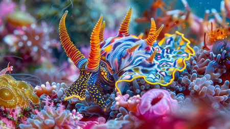 A colorful nudibranch crawling across a coral reef, showcasing the intricate patterns and vibrant hues of marine mollusks.の素材