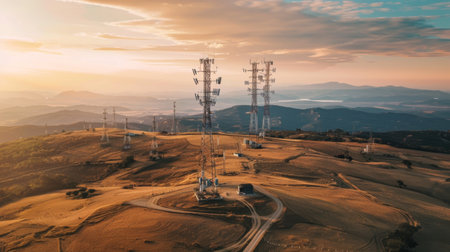 A drone view of communication towers dotting the landscape, linking communities togetherの素材