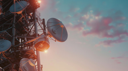 A close-up of satellite dishes mounted on a communication tower, receiving data from spaceの素材