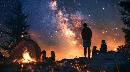 A family bonding over a campfire under a starry sky in the wildernessの素材