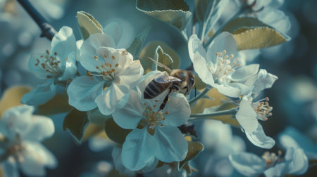 A bee pollinating a cluster of apple blossoms, contributing to the cycle of fruit production.の素材