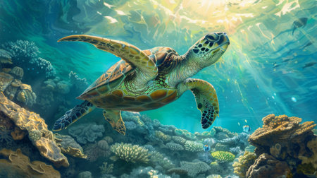 A curious turtle gliding gracefully through a sunlit reef, symbolizing the enduring connection between land and sea.の素材