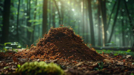 A colony of fire ants constructing a towering mound of soil in a forest clearingの素材
