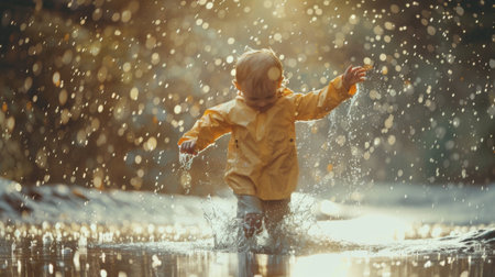 A child splashing in puddles with delight during a rainstorm, embracing the simple joys of playing in the rain.の素材