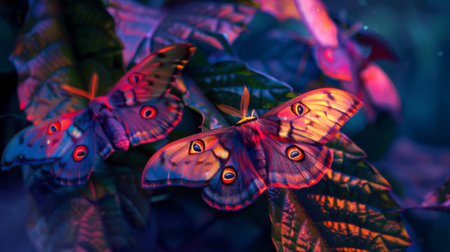 A group of colorful moths resting on a leaf at dusk, adding enchantment to the twilight hours.の素材