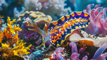 A colorful nudibranch crawling across a coral reef, showcasing the intricate patterns and vibrant hues of marine mollusks.の素材