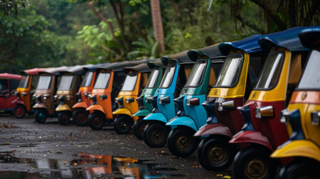 A fleet of tuk-tuks parked in a row, offering transportation services to locals and visitorsの素材
