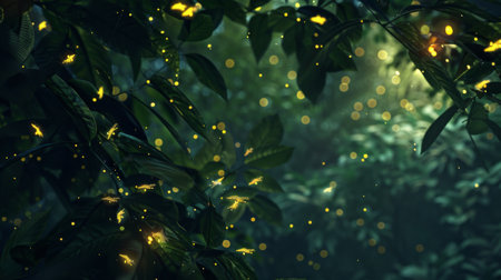 A cluster of fireflies illuminating a leafy canopy at night, casting a magical glow in the darkness.の素材