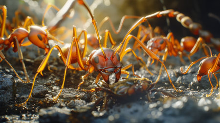 A group of fire ants working together to transport a large insect prey to their colonyの素材