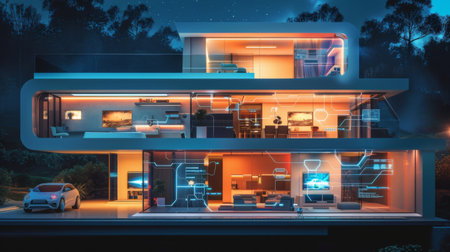 A futuristic smart home with automated electrical systems, depicting modern livingの素材