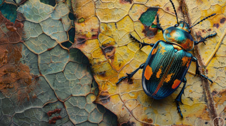 A colorful beetle exploring the textured surface of a leaf, adding a pop of nature's palette to the scene.の素材
