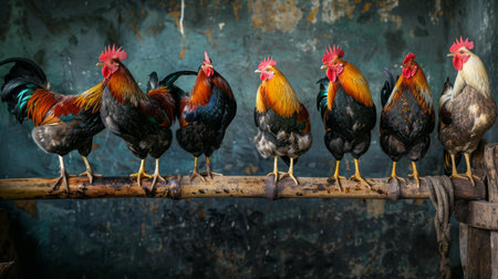 A group of roosters roosting on wooden perches, awaiting their turn to enter the fighting ring.の素材