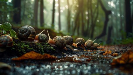 A group of snails congregating on a damp forest floor after a rain showerの素材